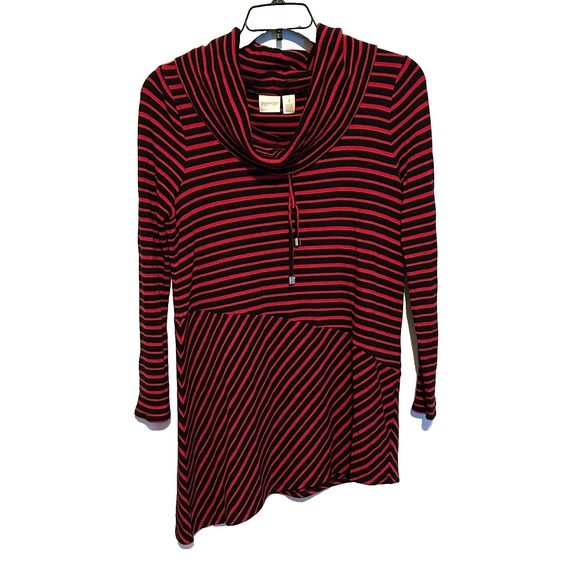 Chicos Zenergy Red Cowl Neck Sweater Striped Long Sleeve Tunic Size 8 Medium - Picture 1 of 9